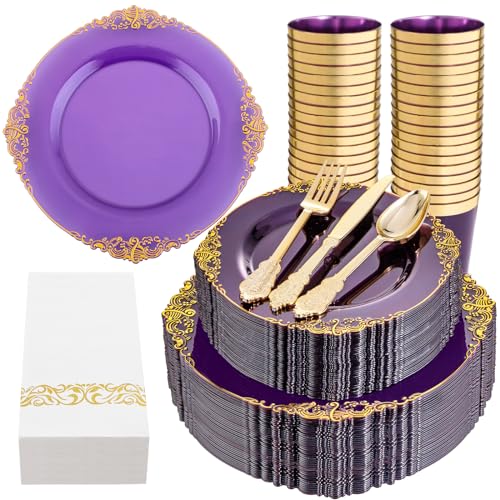 Nervure 350PCS Clear Gold Plastic Plates - Gold Plastic Dinnerware Sets for 50 Guests - 100 Gold Disposable Plates, 150 Gold Plastic Silverware, 50 Cups, 50 Napkins for Wedding & Party