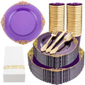 Nervure 350PCS Clear Gold Plastic Plates - Gold Plastic Dinnerware Sets for 50 Guests - 100 Gold Disposable Plates, 150 Gold Plastic Silverware, 50 Cups, 50 Napkins for Wedding & Party