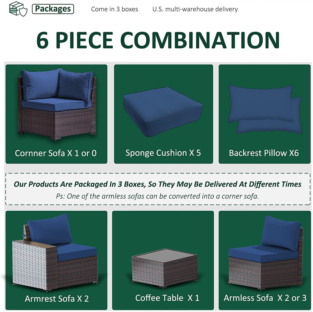 Gotland Outdoor Patio Furniture Set 6 Pieces PE Wicker Sectional Sofa Navy Blue H421