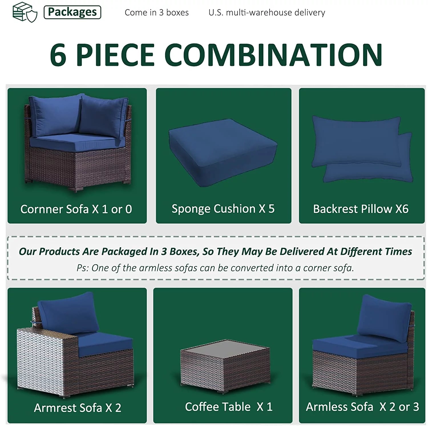 Gotland Outdoor Patio Furniture Set 6 Pieces PE Wicker Sectional Sofa Navy Blue H421