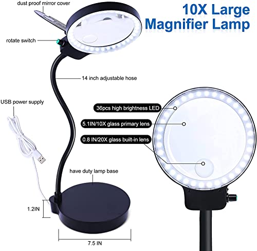 Magnifying Glass with Light and Stand, 10X 20X Dimmable Desk Lamp, Adjustable Gooseneck G96708