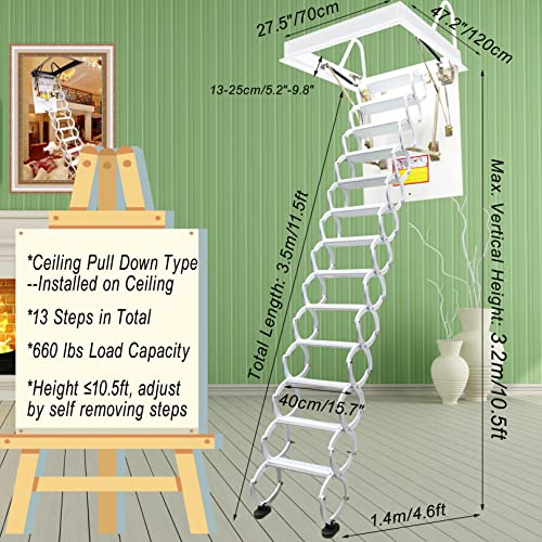 TECHTONGDA Ceiling Attic Loft Ladder, 13 Steps Retractable, White, 10.5ft Height H470649