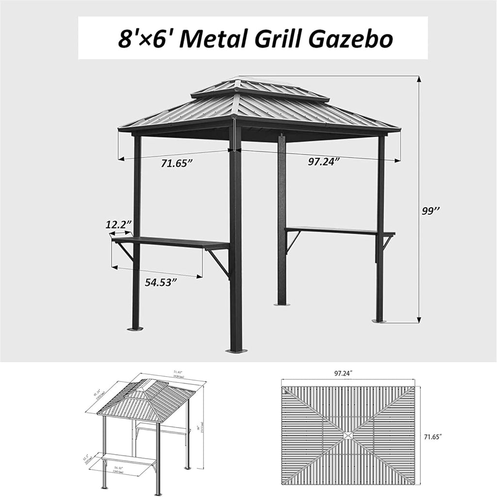 8x6FT Outdoor Aluminum Hardtop Grill Gazebo with Shelves and Double Roof, Gray Q814961
