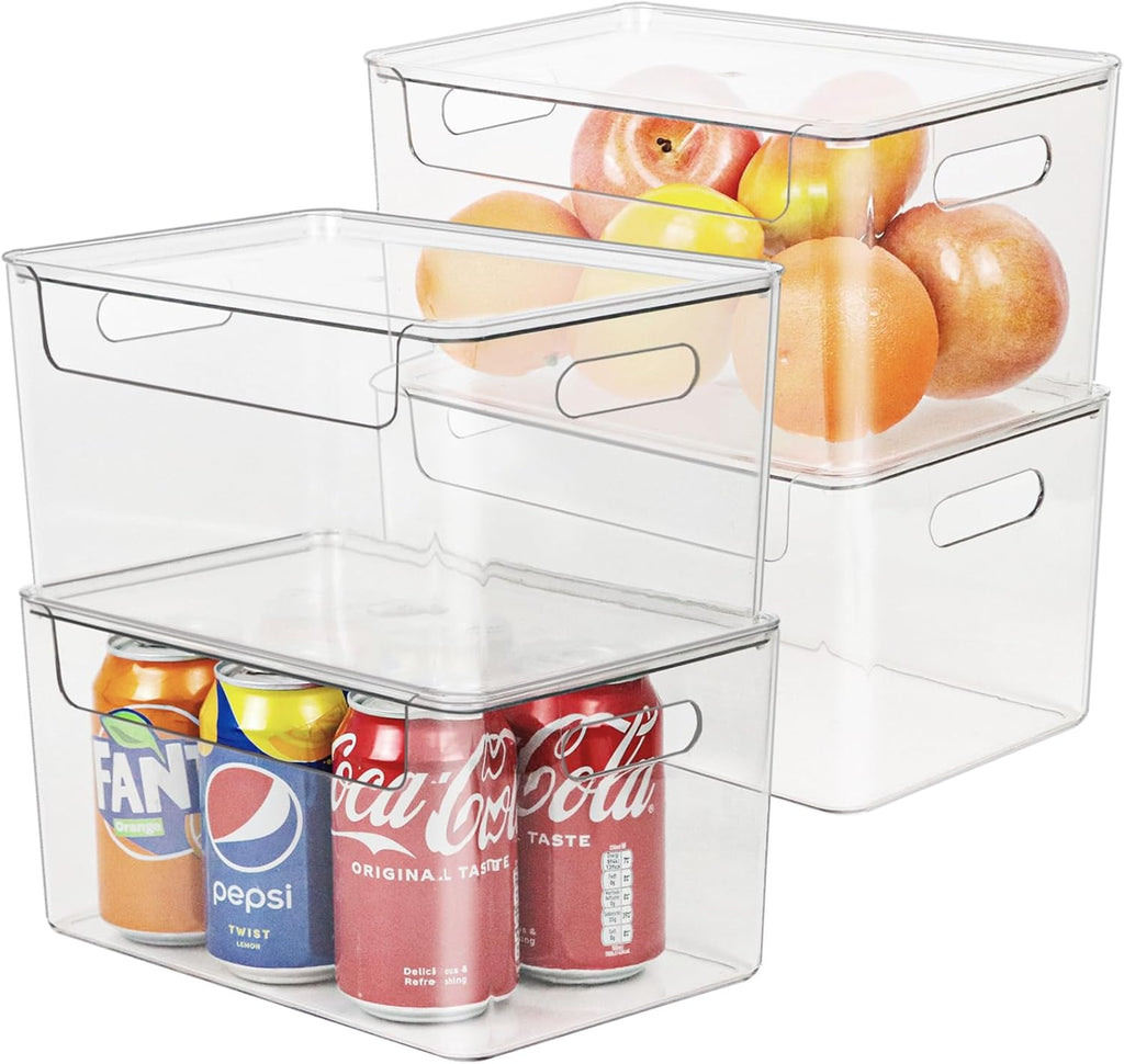 Set of 4 Clear Plastic Storage Bin with Lid, Stackable Storage Boxes Organizing Bin for Pantry, Kitchen, Cabinets, Wardrobe, Closet, Dresser, Bathroom Storage and Organization