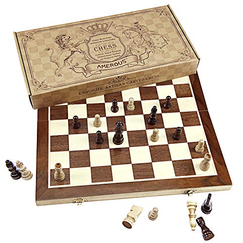 AMEROUS 15 Inches Magnetic Wooden Chess Set with 2 Extra Queens, Folding Board, Storage Slots A743