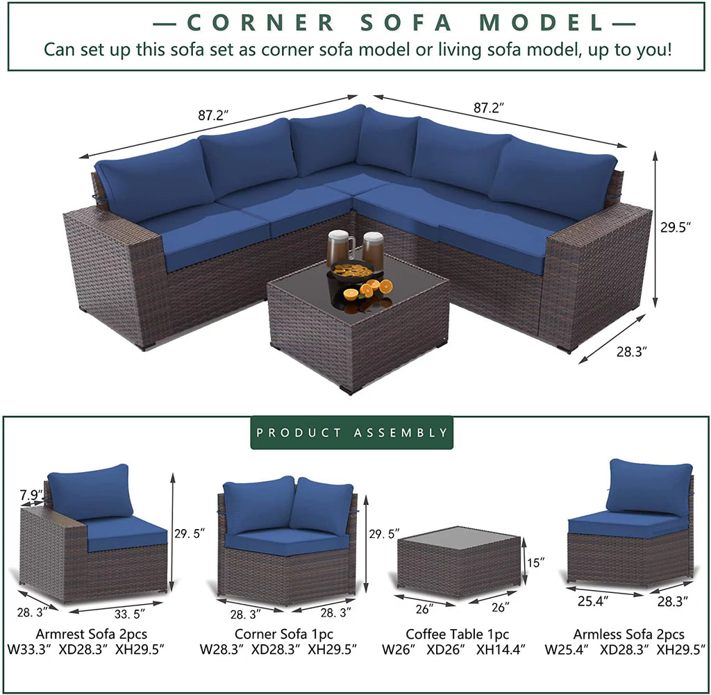 Gotland Outdoor Patio Furniture Set 6 Pieces PE Wicker Sectional Sofa Navy Blue H421