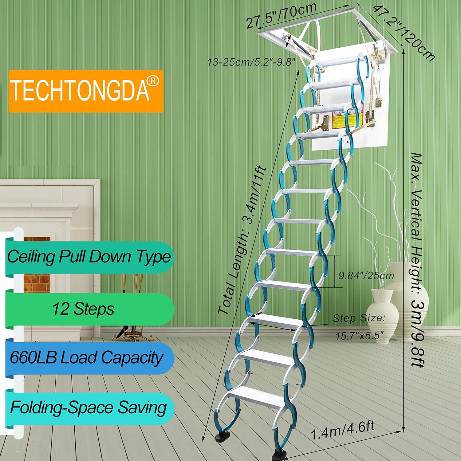 TECHTONGDA Attic Ceiling Ladder Pull Down Folding Loft Stairs 9.8ft Carbon Steel Q942