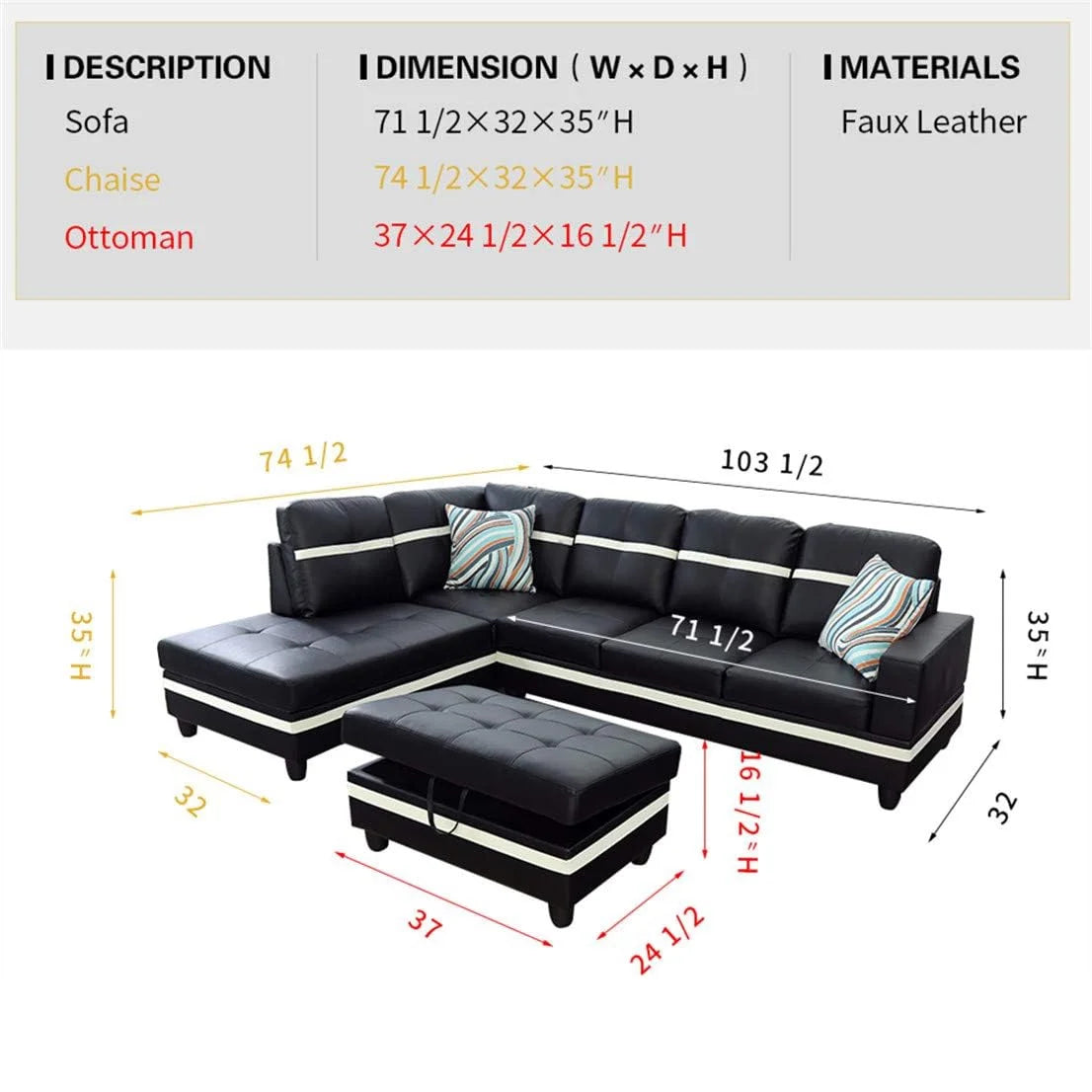 Ainehome 103.5" Leather Sectional Sofa Set, 3-Piece L-Shaped Couch with Ottoman, Black G492