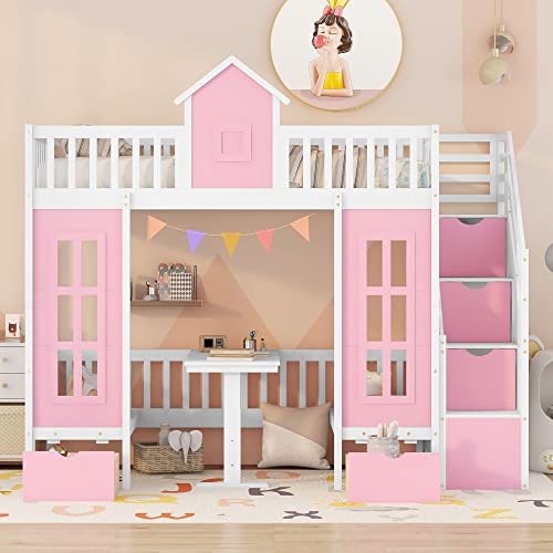 Twin Castle Style Bunk Bed with Slide, Twin-Over-Twin, Solid Wood, Pink M891224