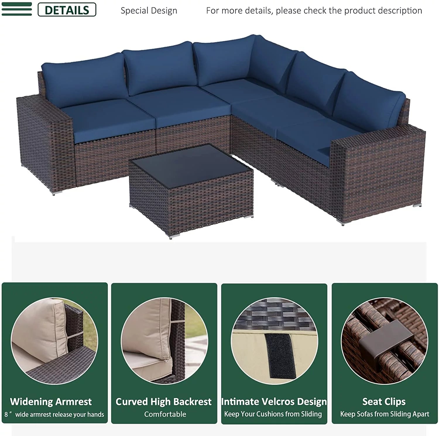 Gotland Outdoor Patio Furniture Set 6 Pieces PE Wicker Sectional Sofa Navy Blue H421