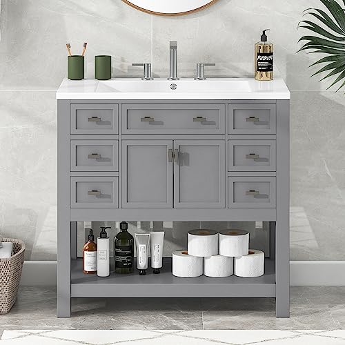 22" Small Bathroom Vanity with White Cabinet, Ceramic Vessel Sink & Left Side Storage R845232