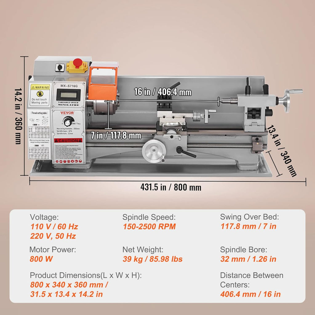 VEVOR Mini Metal Lathe Machine 7 x 16 Inch 800W Benchtop Power Lathe Q32622