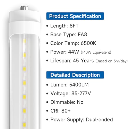 SHINESTAR 8FT LED Bulbs 20-Pack, Ballast Bypass, 6500K Daylight, T8 T10 T12 Replacement S3596