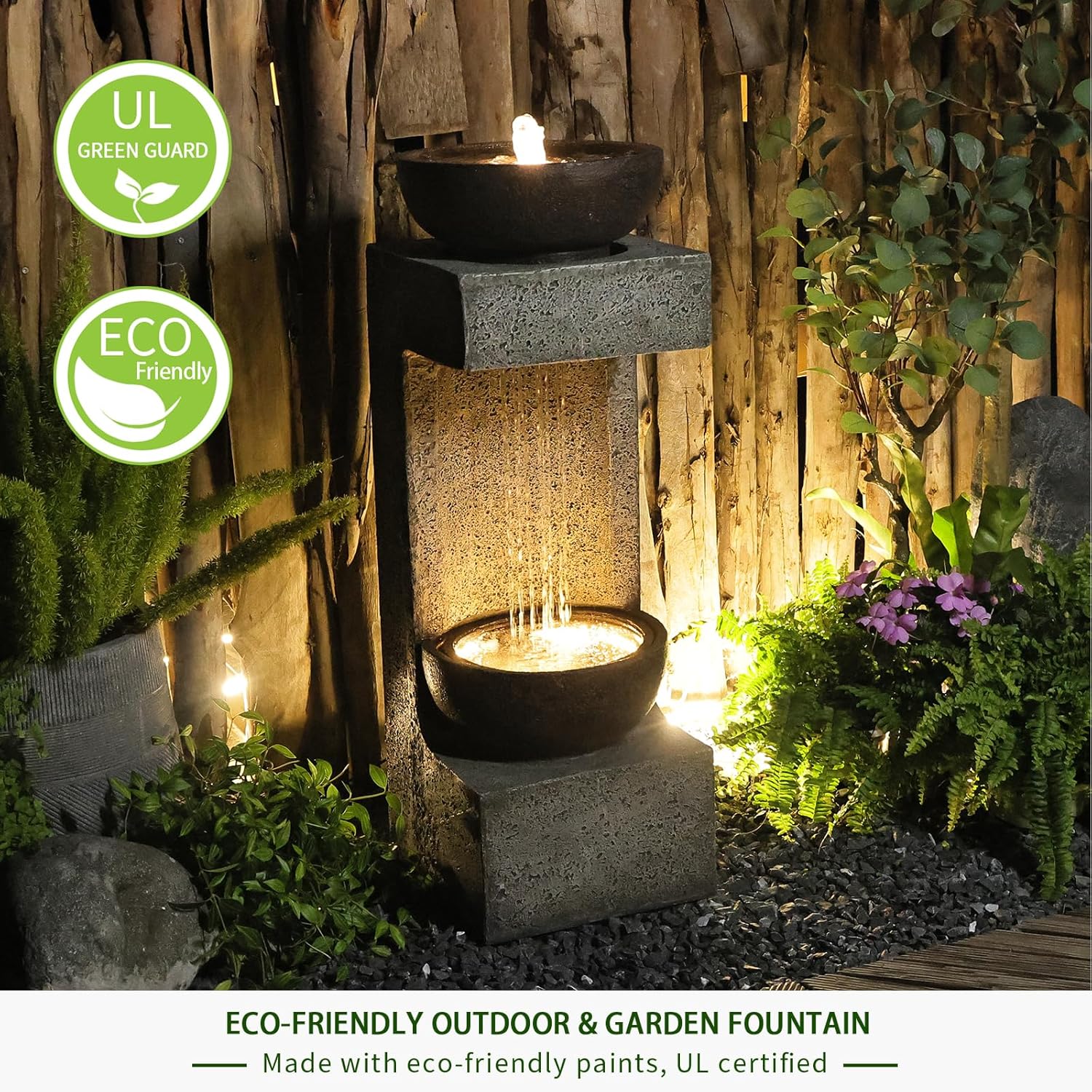 33.9" Water Fountain Outdoor Garden Decor with Lights and Stone Planter T980