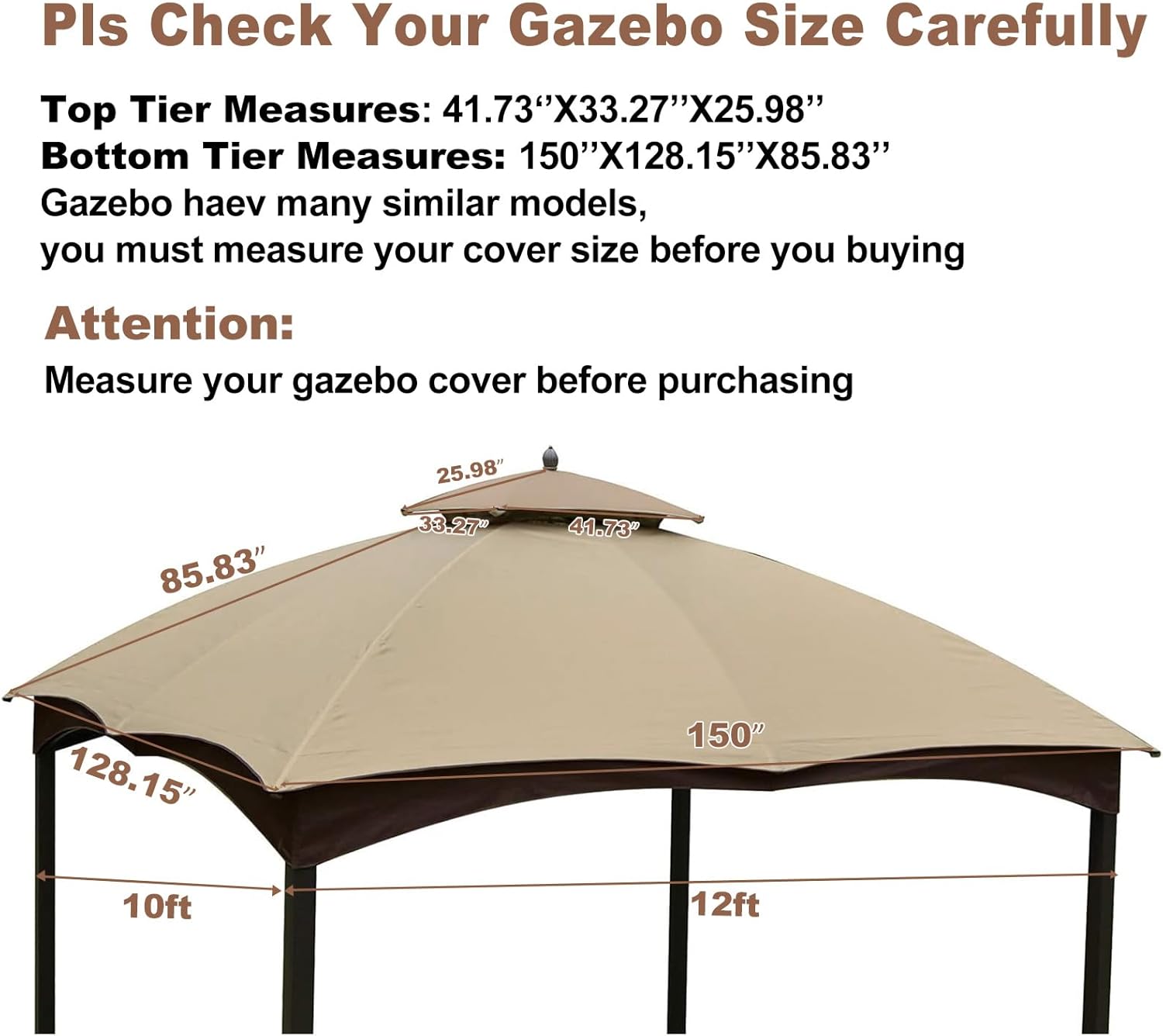 10x12 Ft Outdoor Patio Gazebo Replacement Canopy, Double Tiered Roof Cover Only B4828