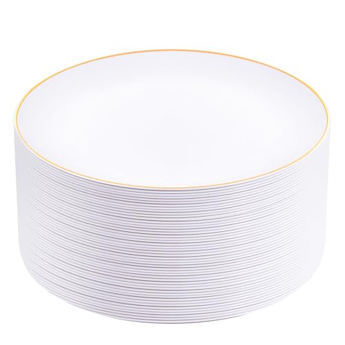 50Pcs Gold Plastic Plates - 9 Inch White Plastic Plates with Gold Rim - Gold Disposable Plates - Dinner Plates Disposable Perfect include 50 Plastic Plates for Party&Wedding&Birthday