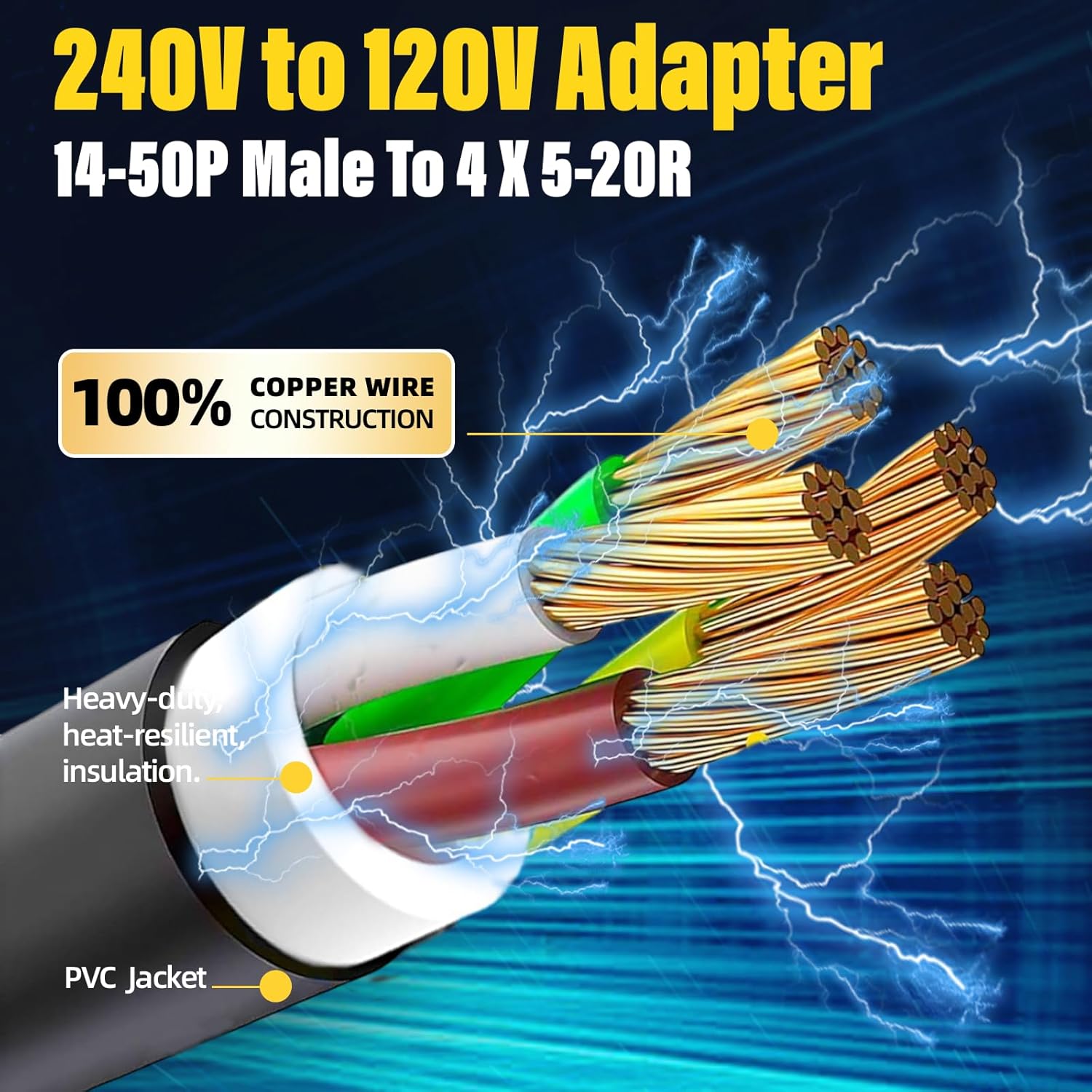 50 Amp to 110 Adapter, 4 Prong NEMA 14-50P to 4X 5-20R, 1.8FT A9826