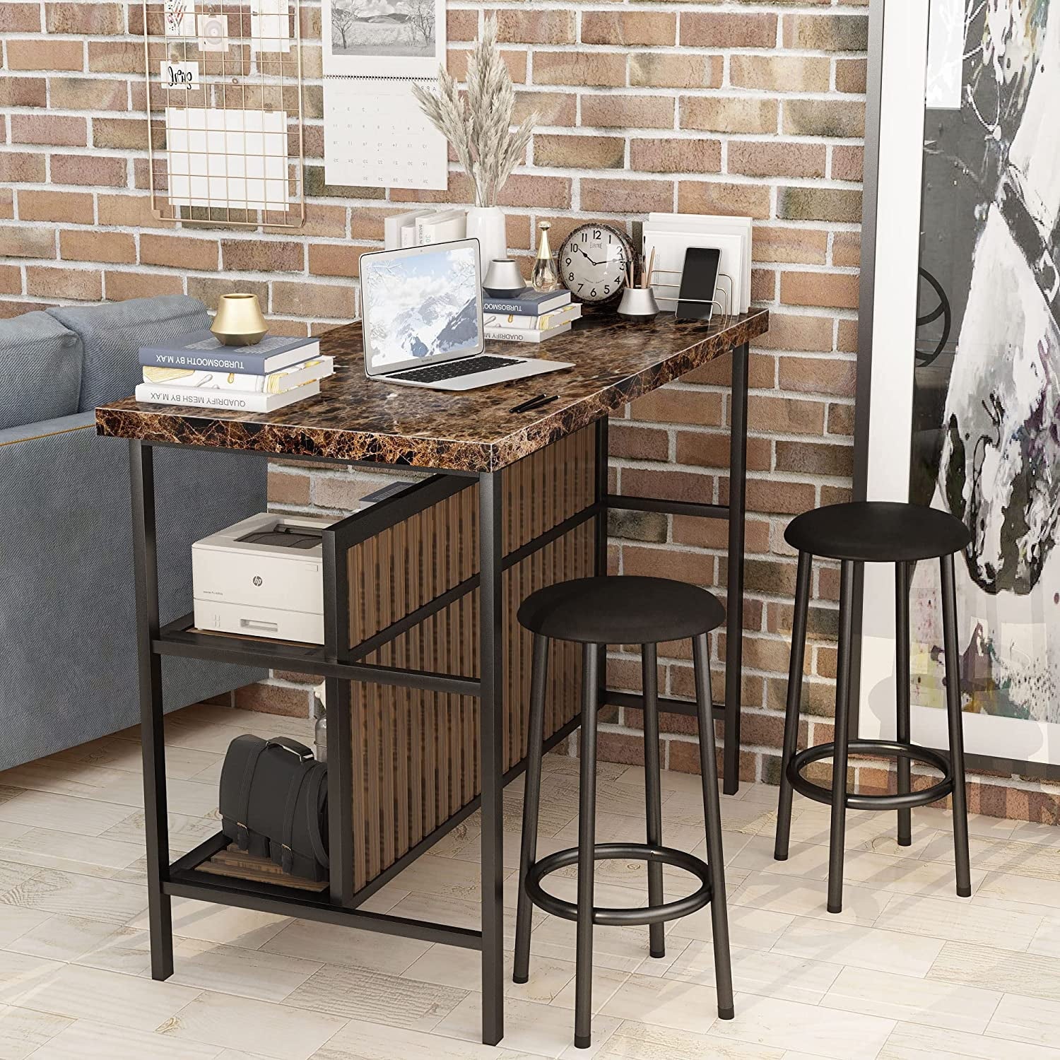tantohom 3-Piece Bar Table Set with 2 Chairs, 47 inch, Artificial Marble Top, Brown D702