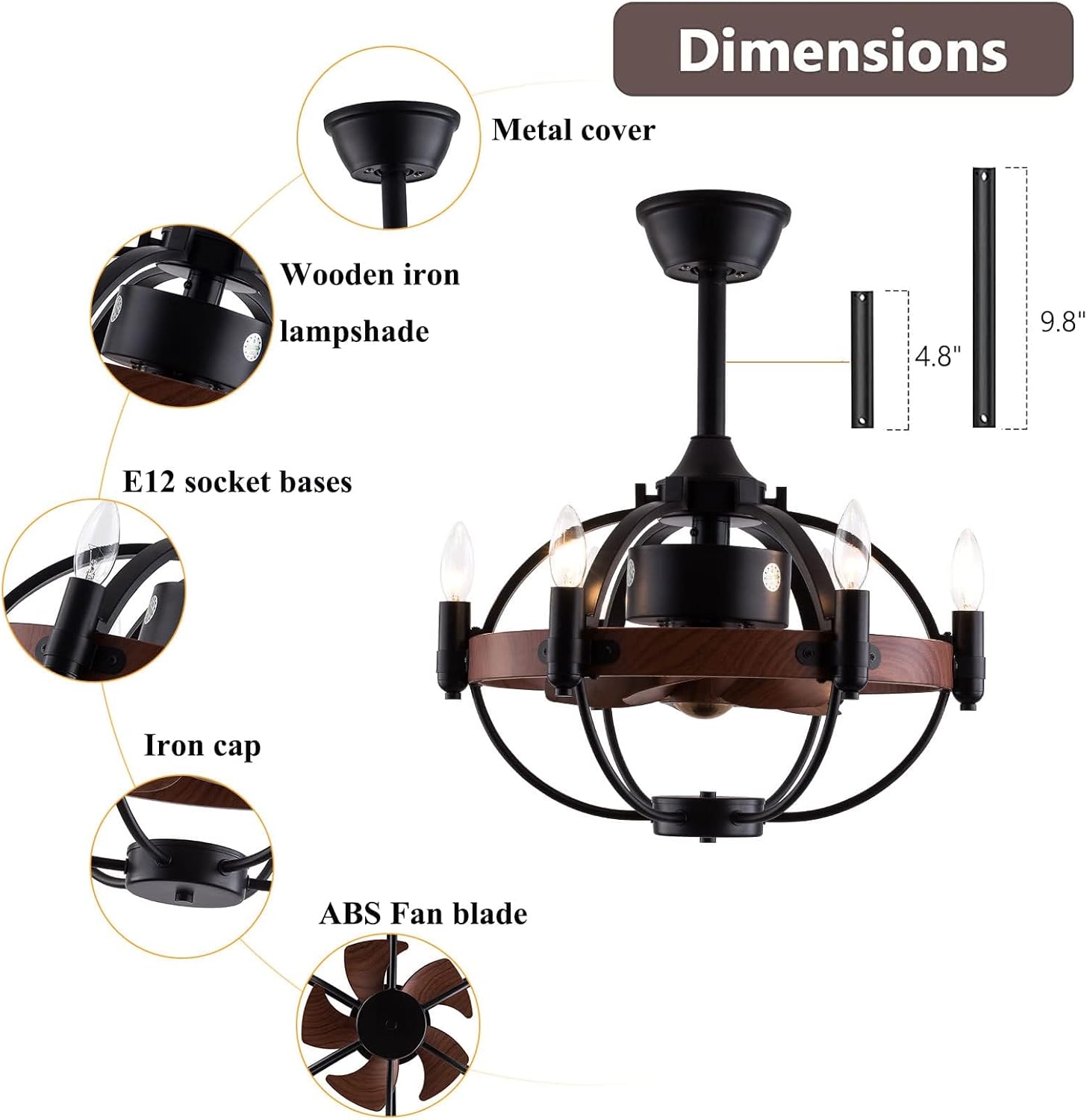 OUKANING Farmhouse Enclosed Ceiling Fan with Light and Remote Control, 22 inches B4403