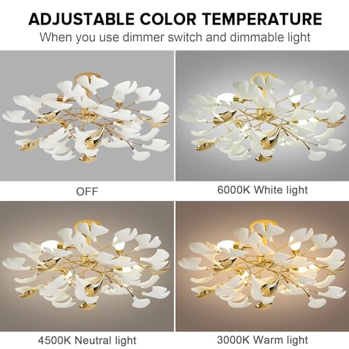 Gold Ceramic Ginkgo Leaf Chandelier, 24" Semi Flush Mount Ceiling Light F689