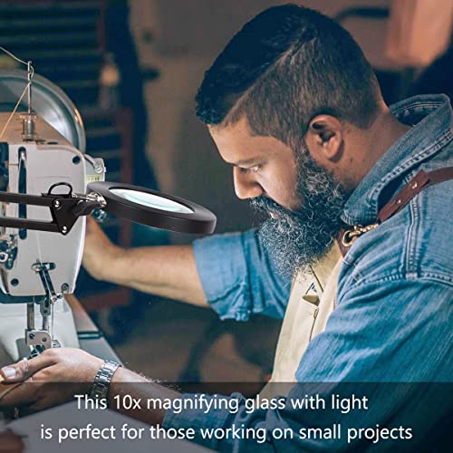 Magnifying Glass with Light and Stand, 10X LED Desk Magnifier, 3 Color Modes K670