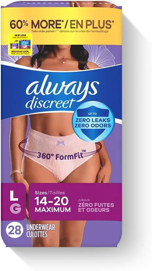 Always Discreet, Incontinence & Postpartum Underwear for Women, Maximum, Large, 28 Count