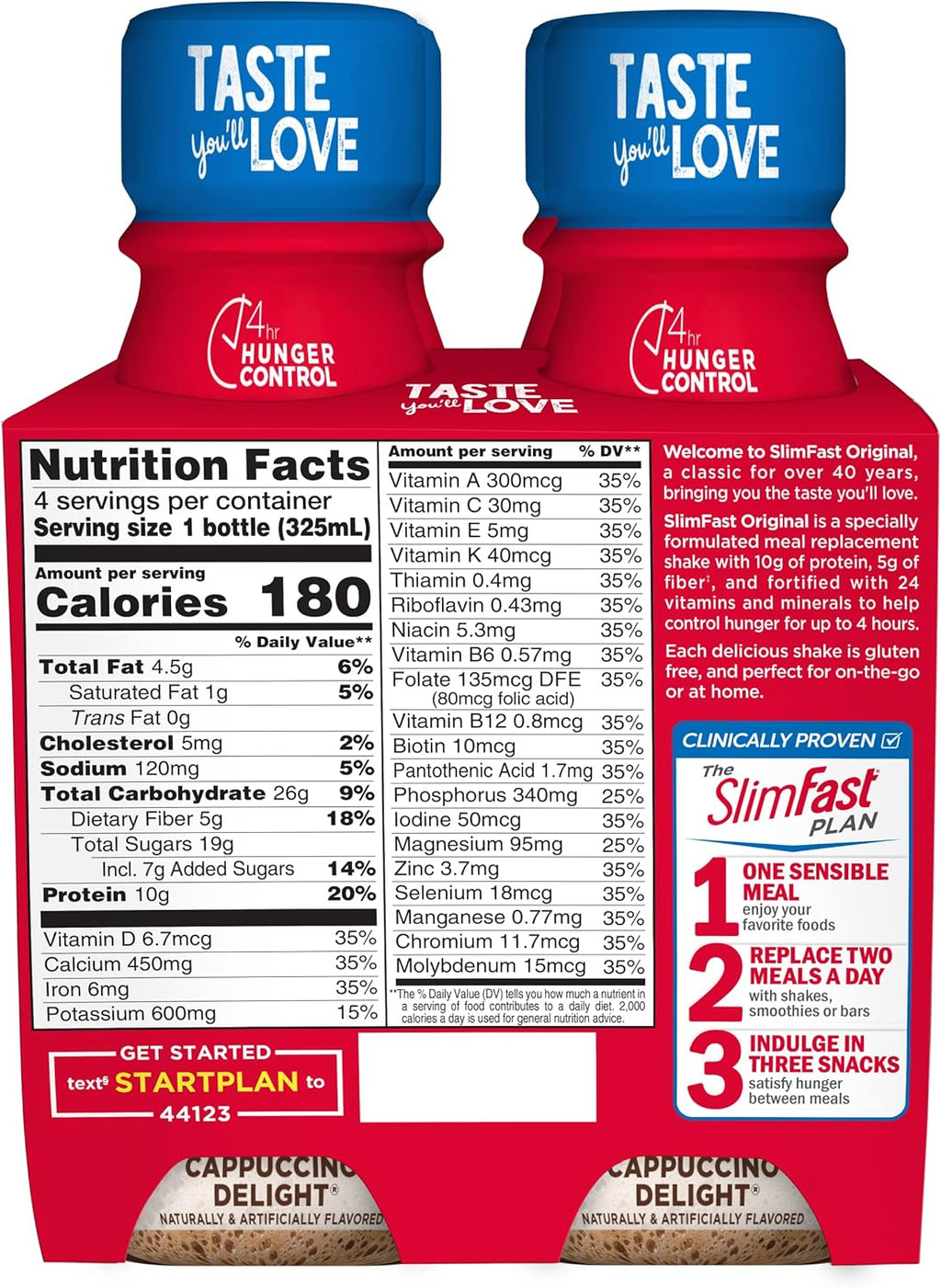 SlimFast Meal Replacement Shake, Original Cappuccino Delight, 10g of Ready to Drink Protein for Weight Loss, 11 Fl. Oz Bottle, 4 Count (Pack of 2)