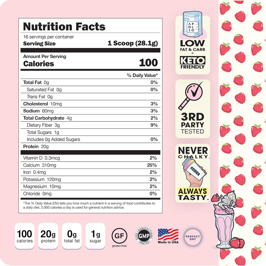 Unico Apollo Strawberry Protein Powder - 20g Grass-fed, Smooth Texture X594573