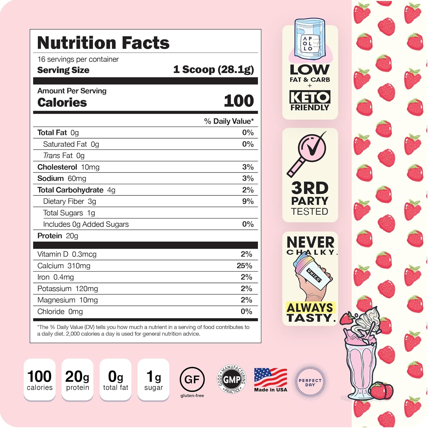 Unico Apollo Strawberry Protein Powder - 20g Grass-fed, Smooth Texture X594573