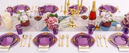 Nervure 350PCS Clear Gold Plastic Plates Dinnerware Set for 50 Guests S7668