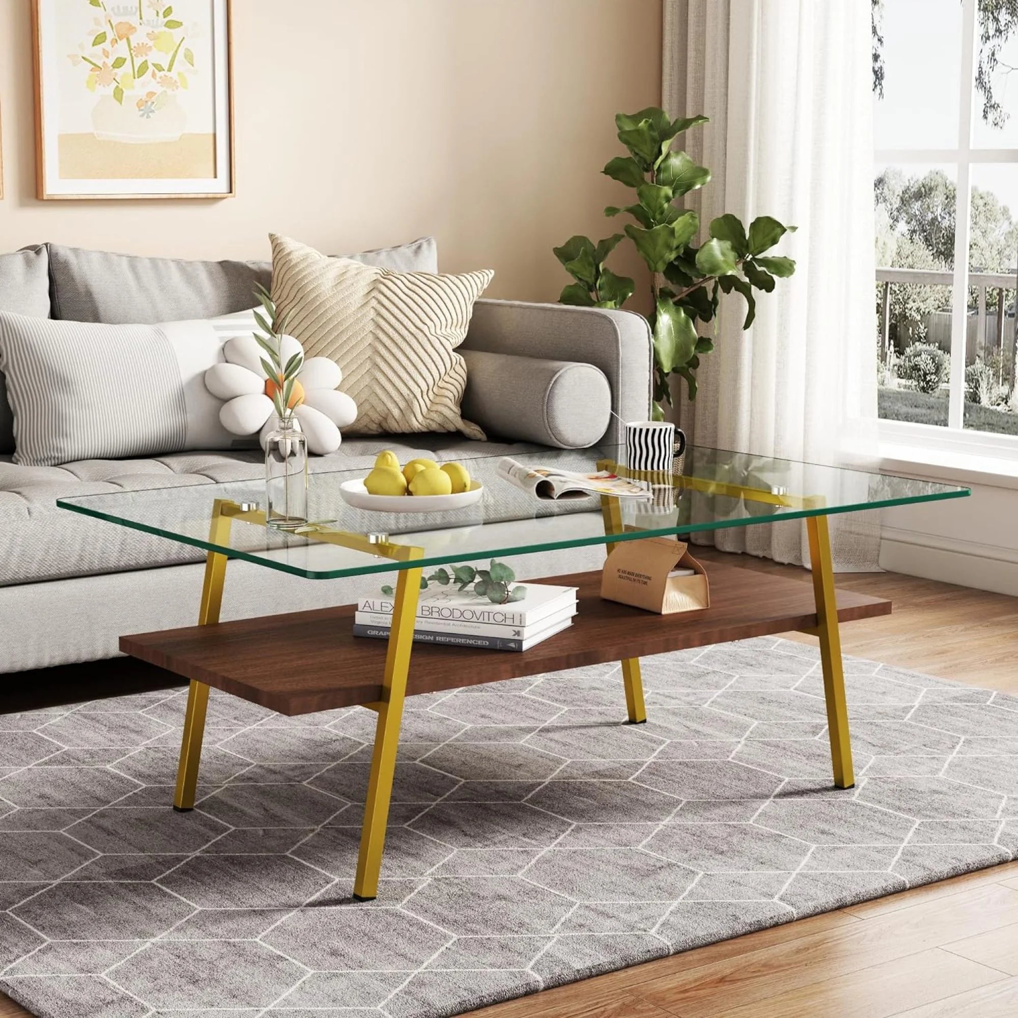 BJSN Glass Coffee Table for Living Room with Wood Shelves, Black Frame I645