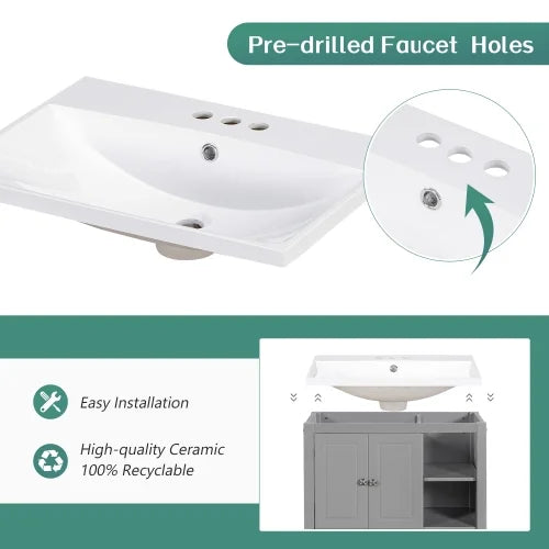 30" Bathroom Vanity with Ceramic Sink, Solid Wood Frame, Grey S256957