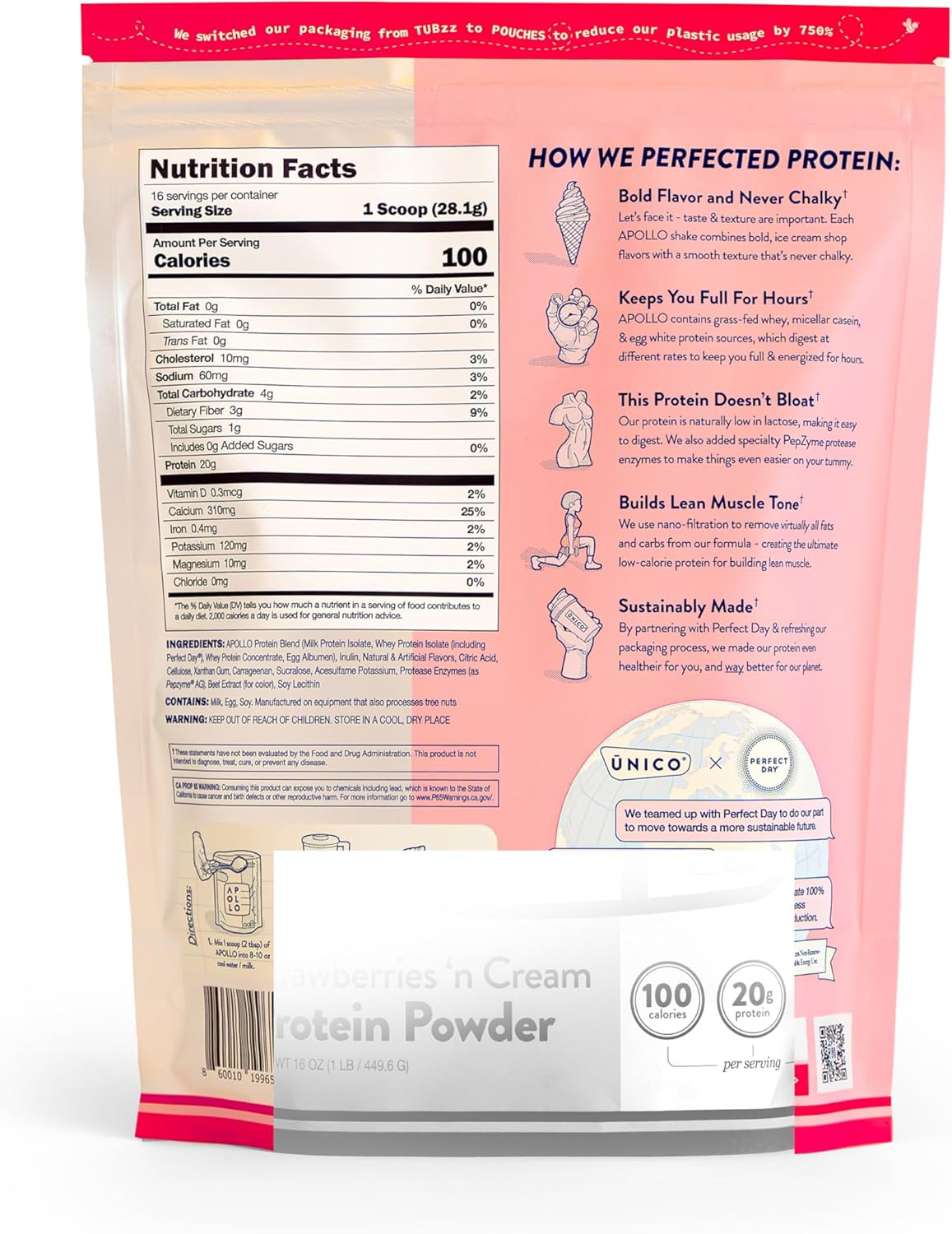 Unico Apollo Strawberry Protein Powder - 20g Grass-fed, Smooth Texture X594573