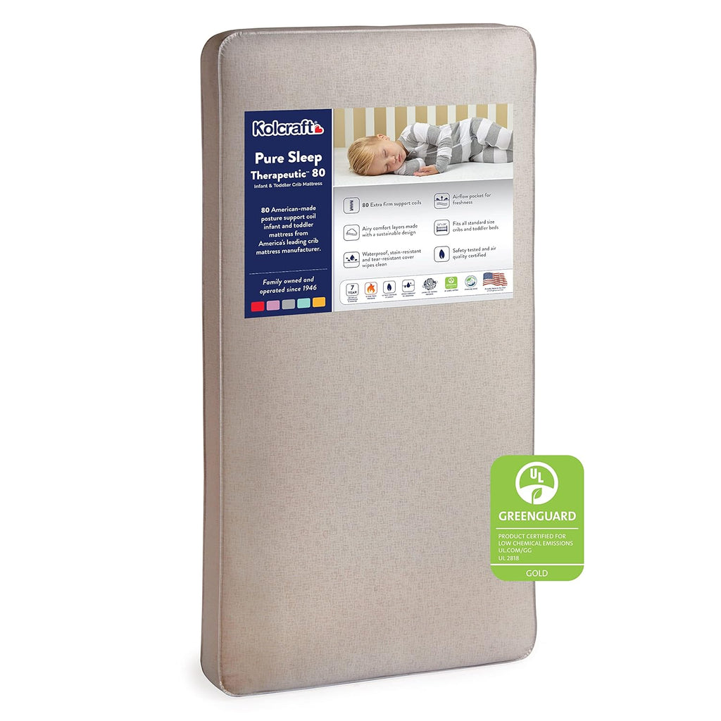Kolcraft Pure Sleep Therapeutic 80 Certified Waterproof Baby Crib Mattress & Toddler Bed Mattress, Coils Plus Airy Hypoallergenic Comfort, GREENGUARD GOLD Air Quality Certified, Made in USA, 52"x28"