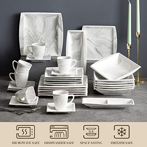 MALACASA 30-Piece Porcelain Dinnerware Set for 6, Ivory White Square Plates and Bowls M7488