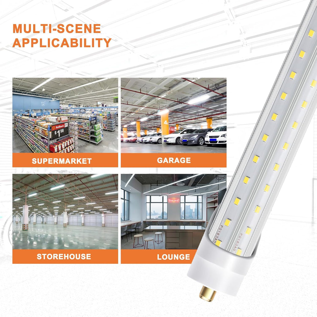 8ft LED Shop Light Bulbs 72W 6000K 10000lm, T8 T10 T12 V Shape FA8, Clear Cover, Pack of 12 R143