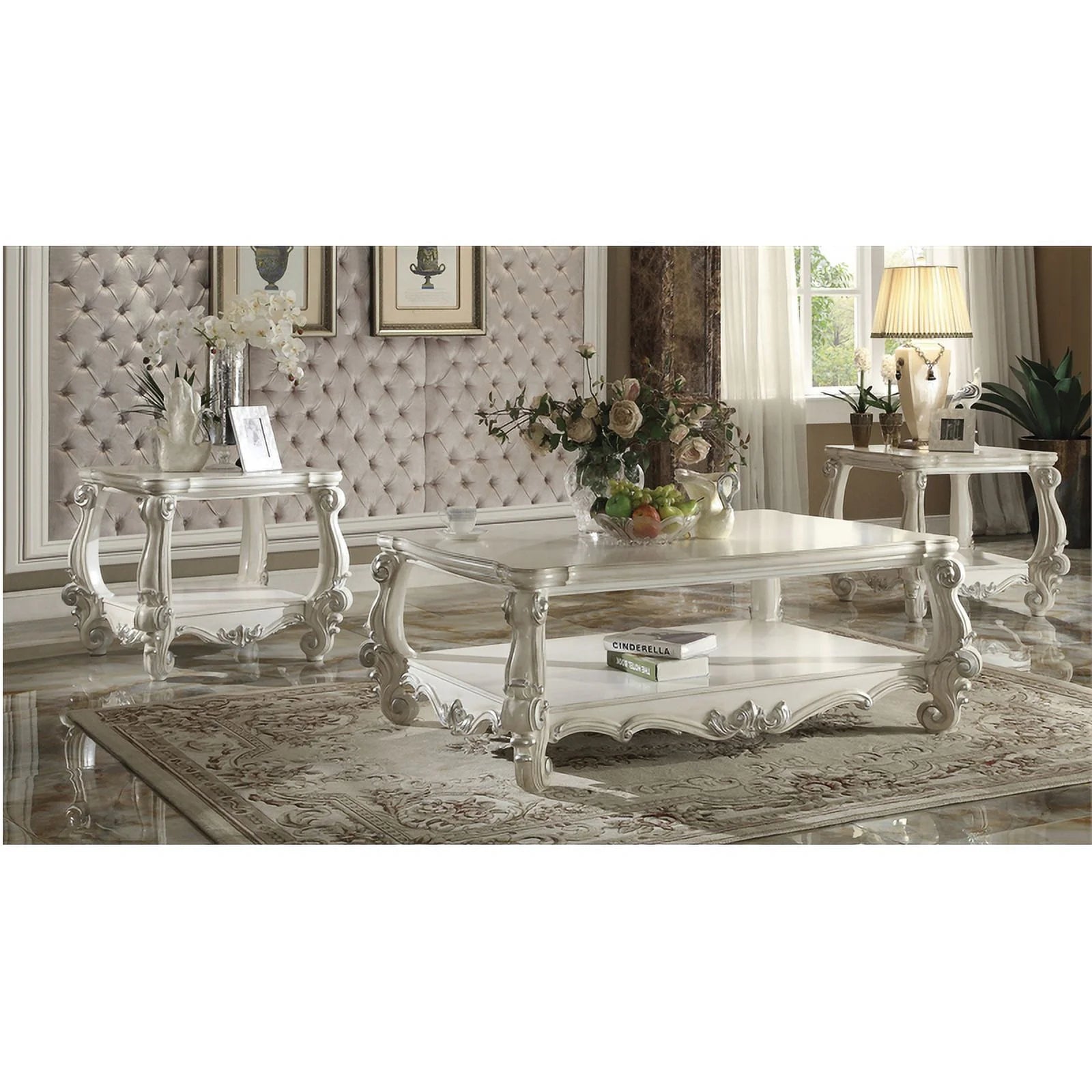 Bowery Hill Rectangular Wood Coffee Table with Bottom Shelf, Bone White O4752