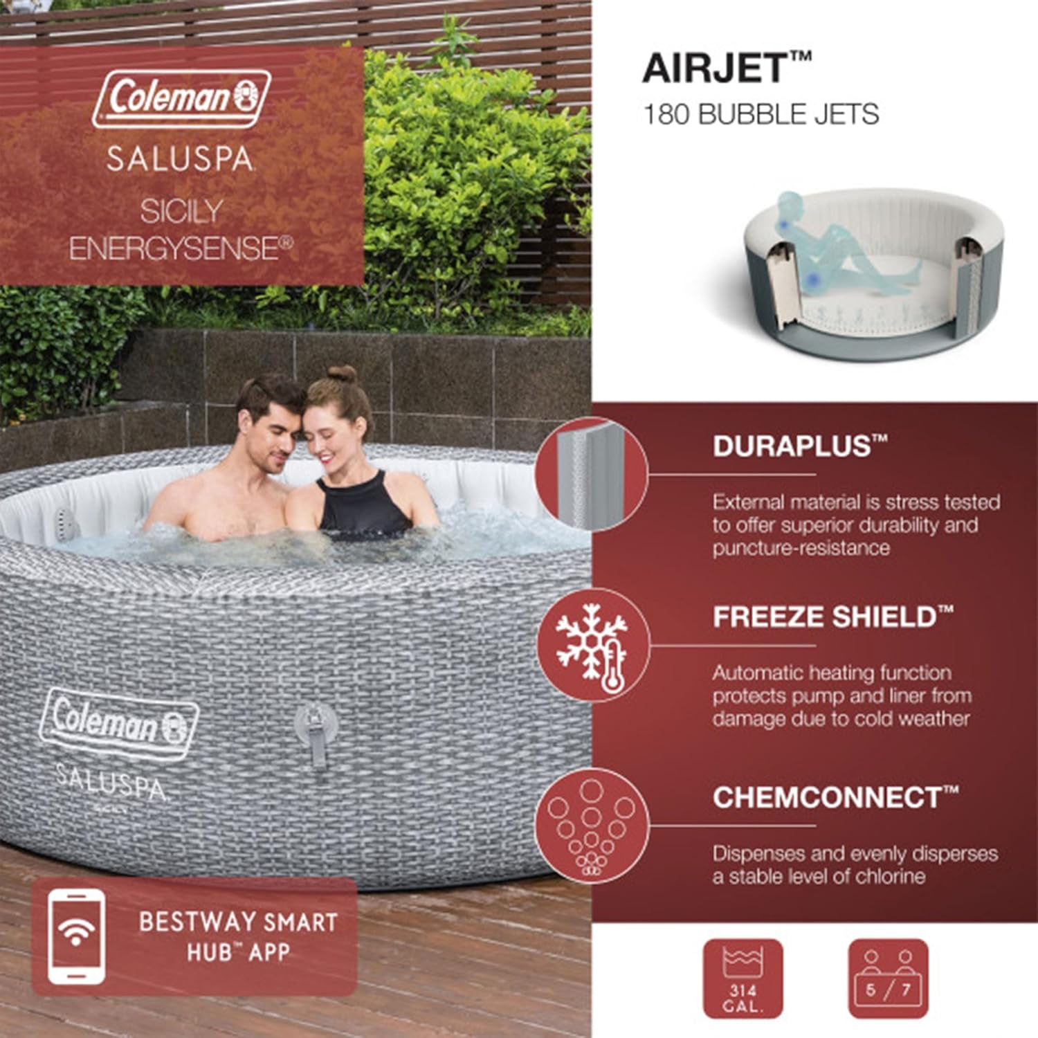 Coleman SaluSpa Sicily 180 Inflatable Hot Tub with Spa Seat and Headrest Pillows M8891