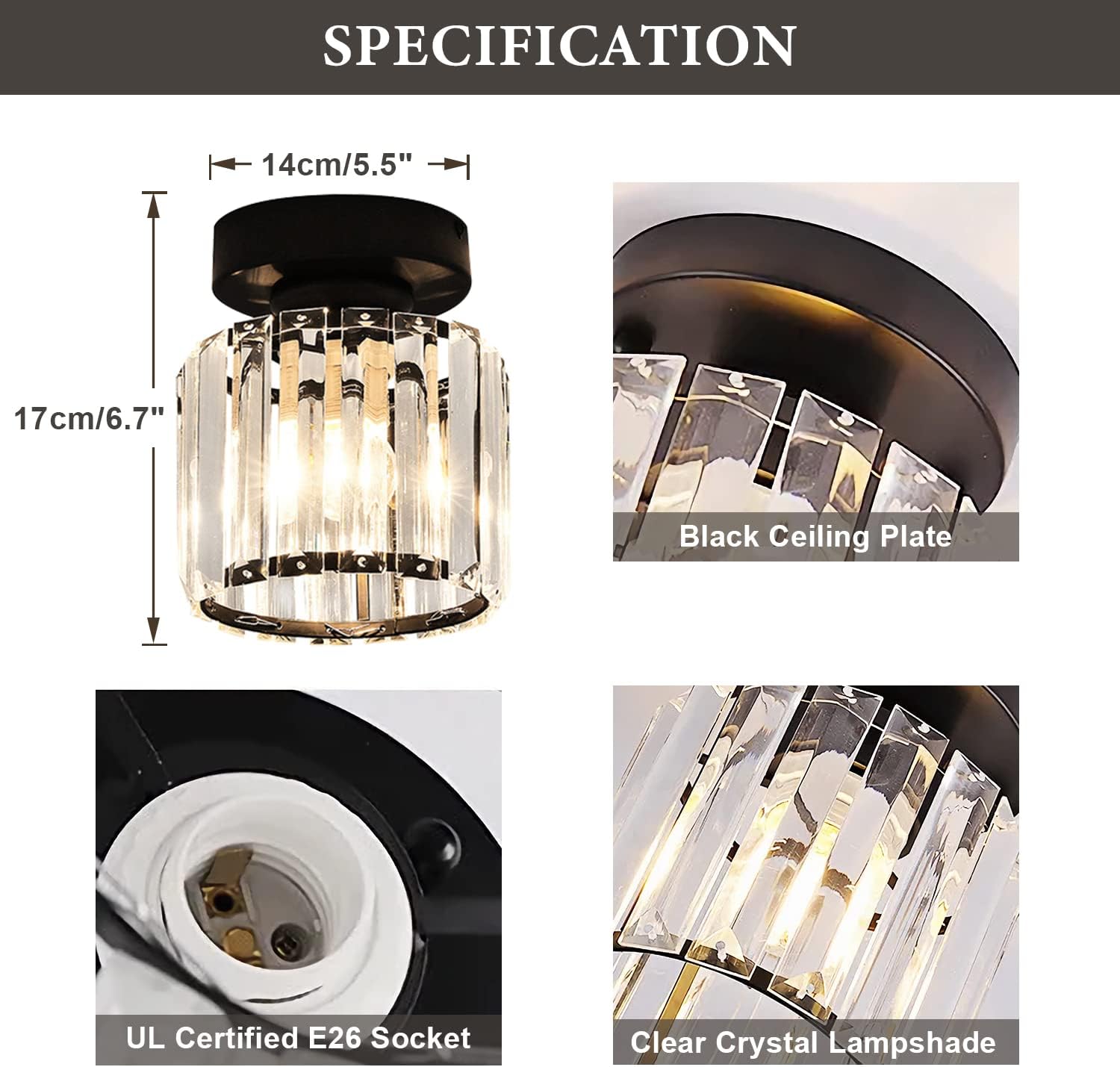 KCO Lighting Small Crystal Chandelier Flush Mount Ceiling Light, Modern Black Z908