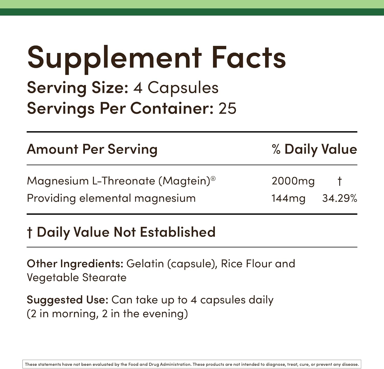 Magnesium L Threonate Capsules (Magtein) – 2,000 mg, 100 Count L455339