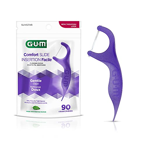 GUM Comfort Slide Floss Picks for Tight Teeth, Extra Strong Shred-Resistant, Fresh Mint, 90 ct (6pk) Q348