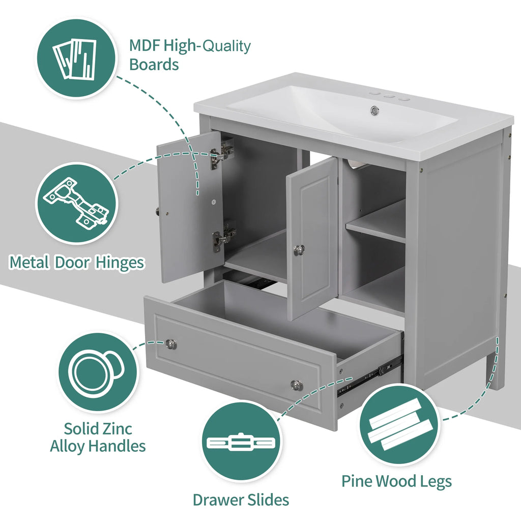 30" Bathroom Vanity Base Only, Solid Wood Frame, Grey P522