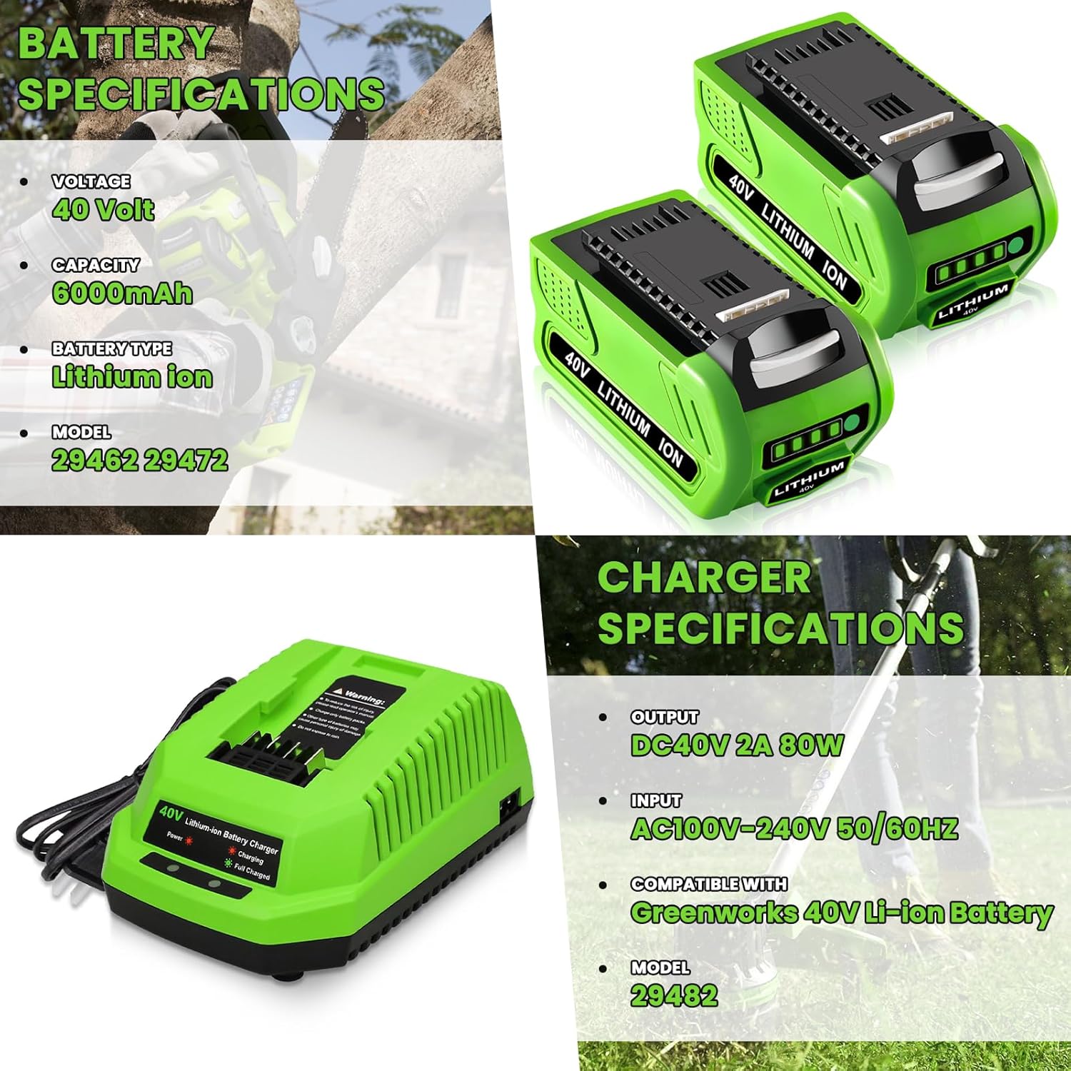 2-Pack 40V 6.0Ah Lithium Battery and Charger for Greenworks G-MAX Tools Z45443
