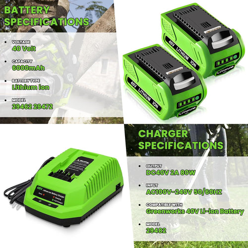 2-Pack 40V 6.0Ah Lithium Battery and Charger for Greenworks G-MAX Tools Z45443