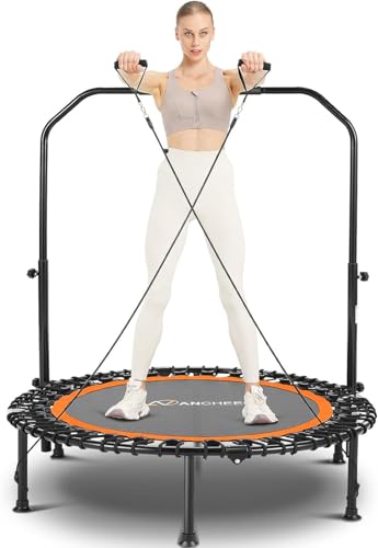 ANCHEER 40" Foldable Mini Trampoline,Max Load 450lbs/550lbs Indoor Trampoline,with 4 Level Adjustable Foam Handle and Resistance Bands,Adult Exercise Trampoline for Home, Gym and Garden