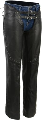 Milwaukee Leather Chaps ML1186 for Women Black Low-Rise Waist- Front Double Buckle Rivet Detailing Motorcycle Chap