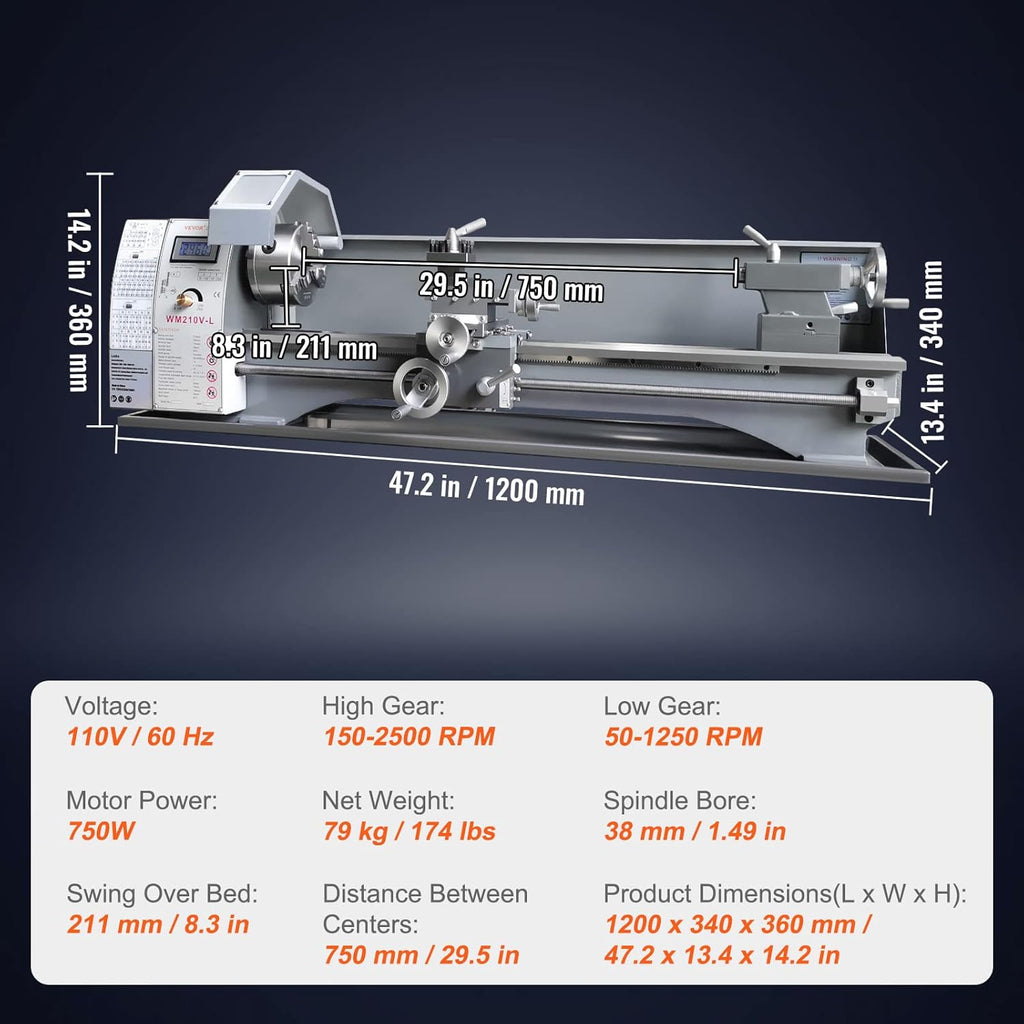 VEVOR Metal Lathe Machine, 8.3" x 29.5", 750W Benchtop Power Lathe H26151
