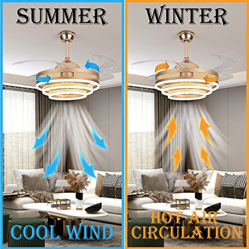 42" Invisible Ceiling Fan Chandelier Light, Modern Remote Control, Gold E3119