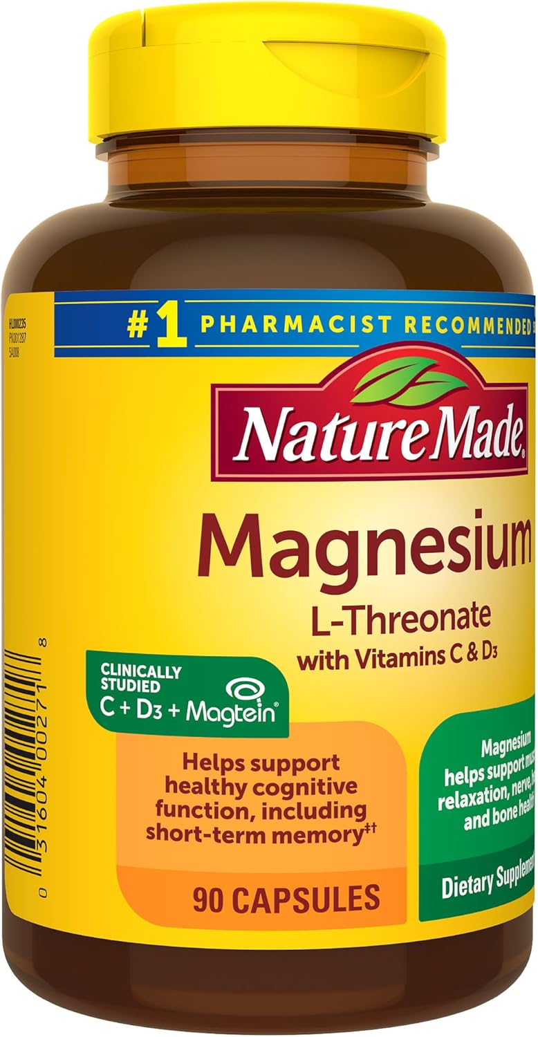 Nature Made Magnesium L-Threonate with Vitamin C & D3, Cognitive Support Supplement, 90 Capsules E521
