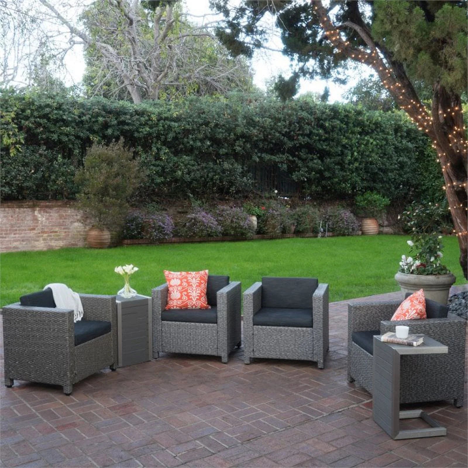 Noble House Puerta 6 Piece Outdoor Wicker Chair and Wood Table Set T52769